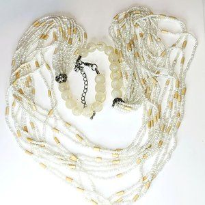 White and Tan Glass Micro Bead 12 Strand Waterfall Necklace 16" Jewelry CT223